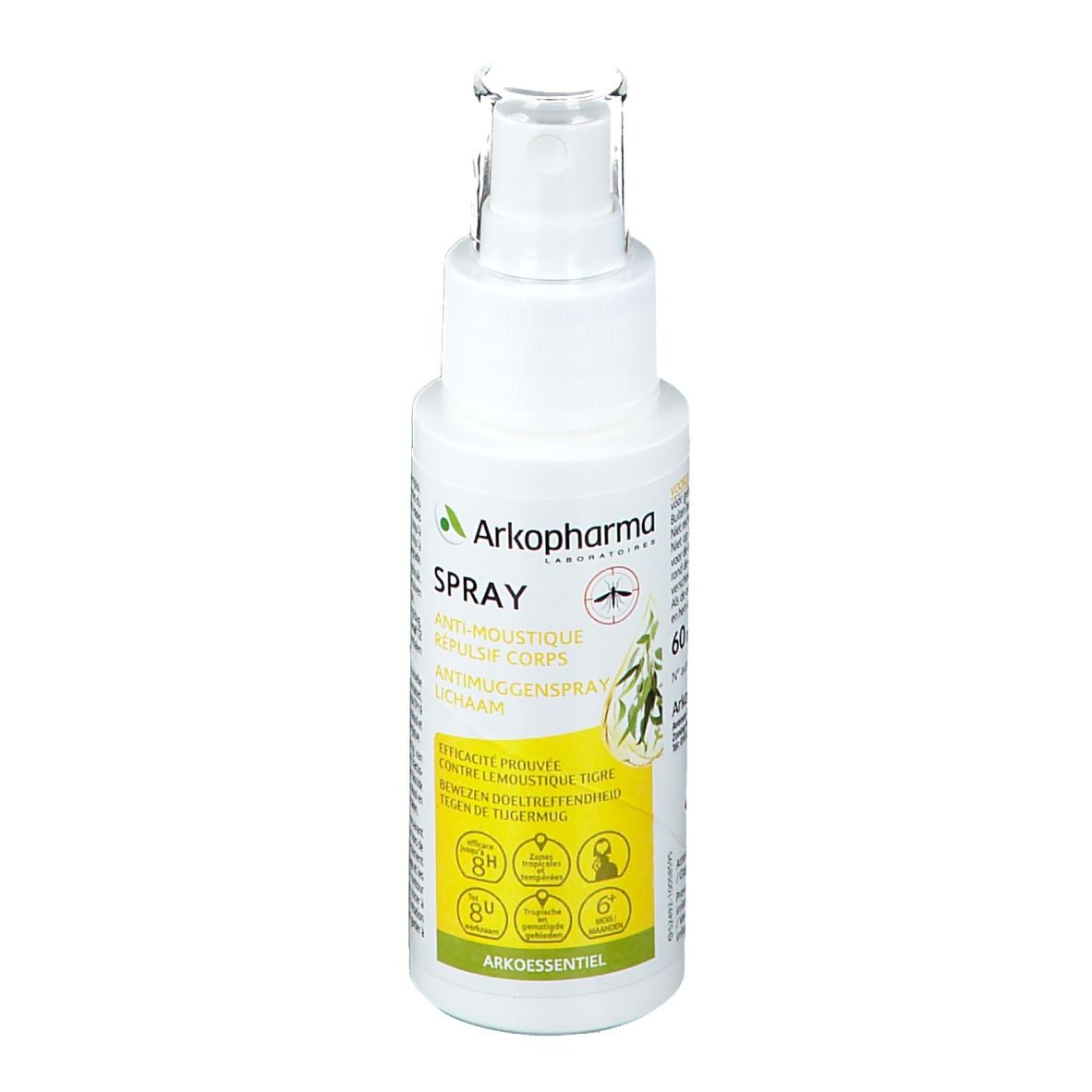 Weiße Sprühflasche mit grün-gelbem Etikett. Text: Arko Essentiel, Spray, Anti-Moustique, Repulse Corps, Antimückenspray.