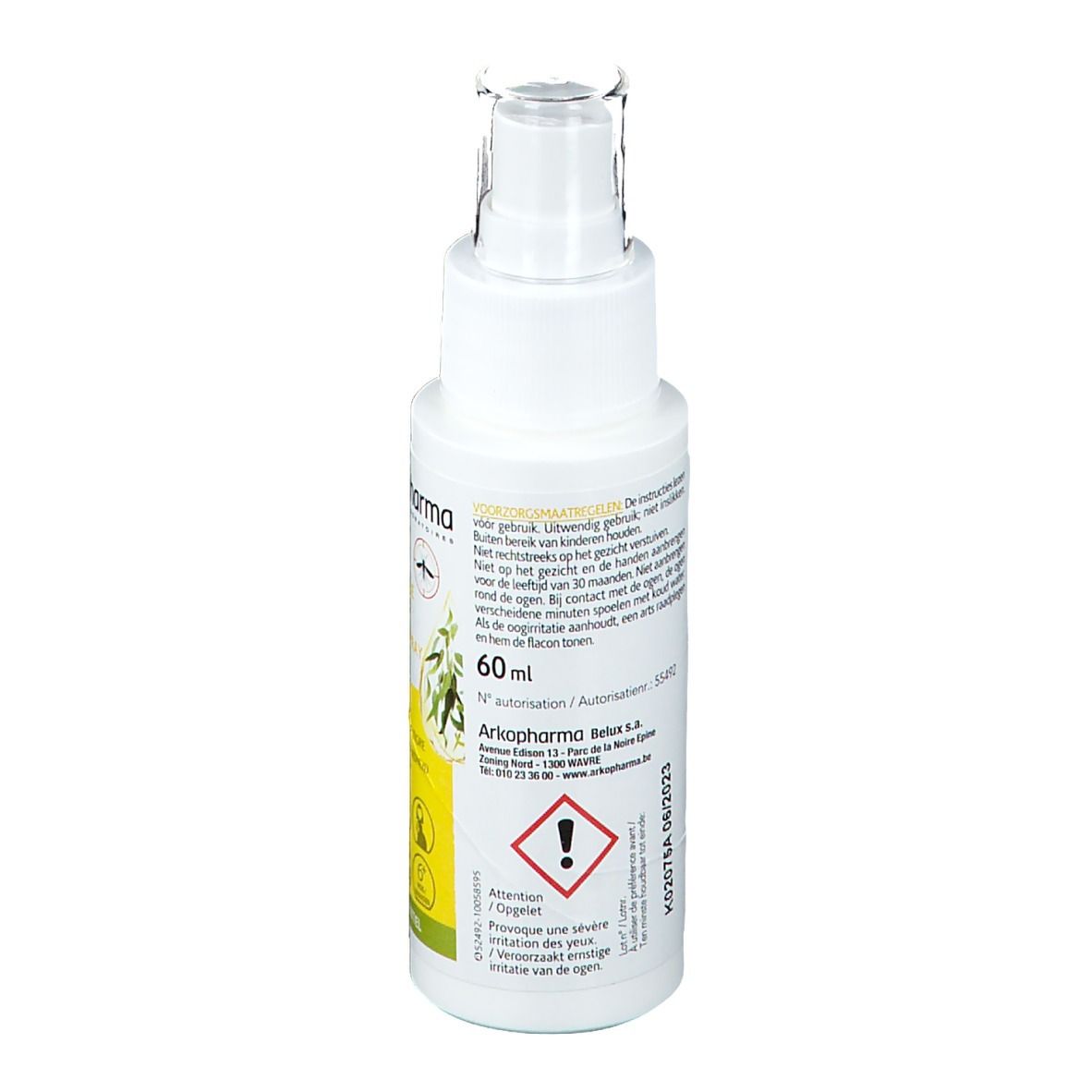 Rückseite der weißen Sprühflasche. Text: 60 ml, Arko Pharma, Achtung, Reizung der Augen. Warnhinweis.