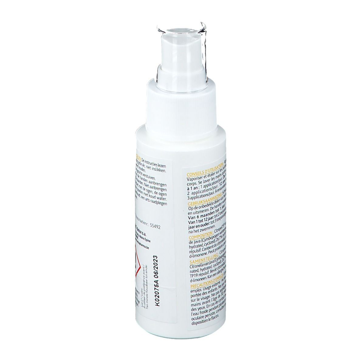 Rückseite der weißen Sprühflasche. Text: Anwendungshinweise, Warnhinweise, Inhaltsstoffe, Chargennummer, Verfallsdatum.
