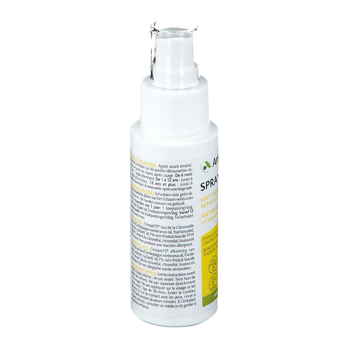 Rückseite der weißen Sprühflasche. Text: Anwendungshinweise, Warnhinweise, Inhaltsstoffe, Chargennummer, Verfallsdatum.