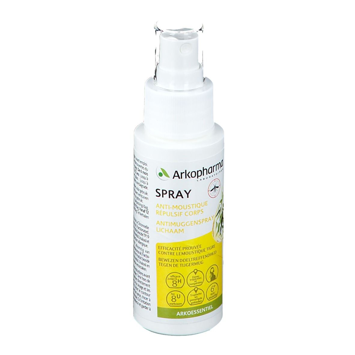Weiße Sprühflasche mit grün-gelbem Etikett. Text: Arko Essentiel, Spray, Anti-Moustique, Repulse Corps, Antimückenspray.