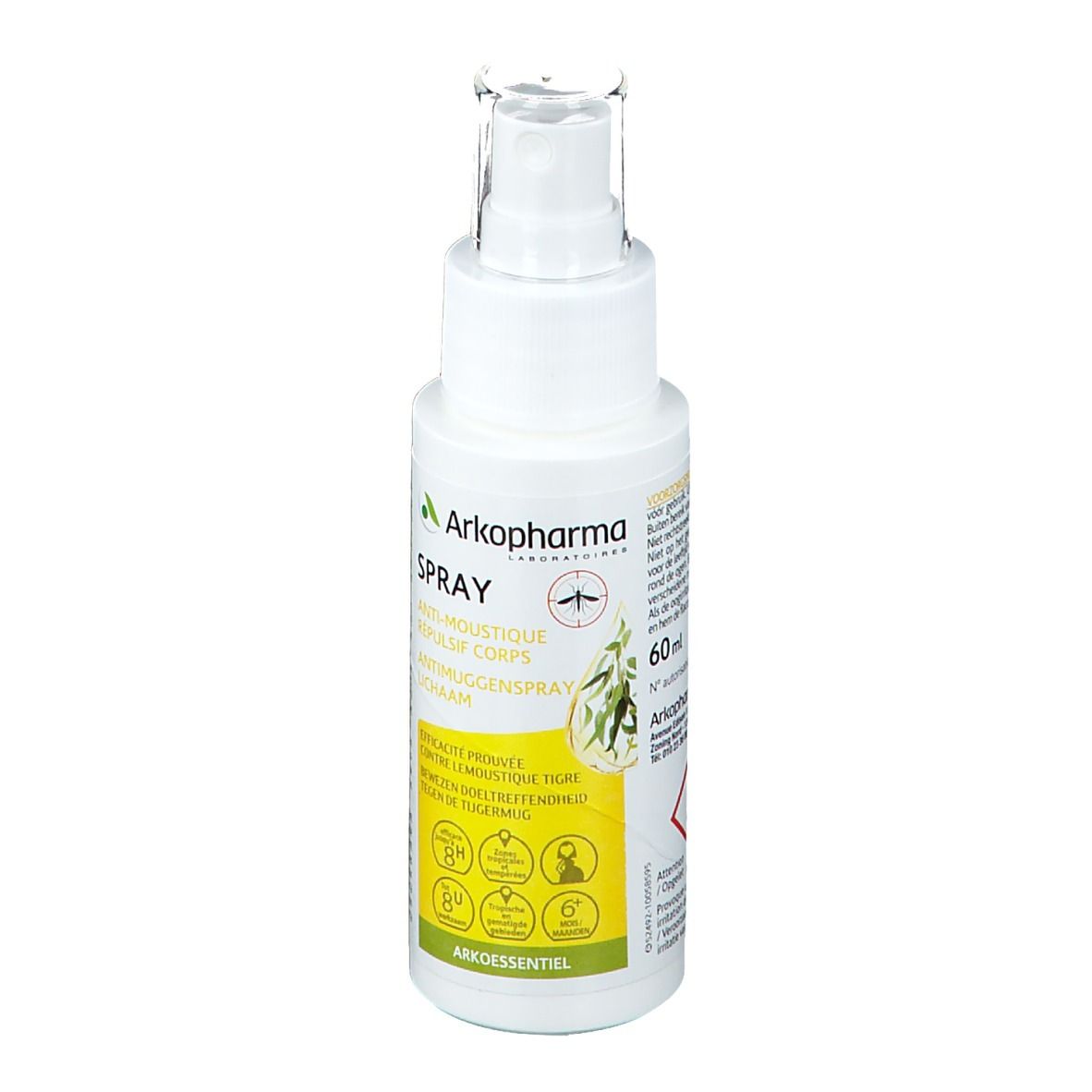 Weiße Sprühflasche mit grün-gelbem Etikett. Text: Arko Essentiel, Spray, Anti-Moustique, Repulse Corps, Antimückenspray, 60 ml.