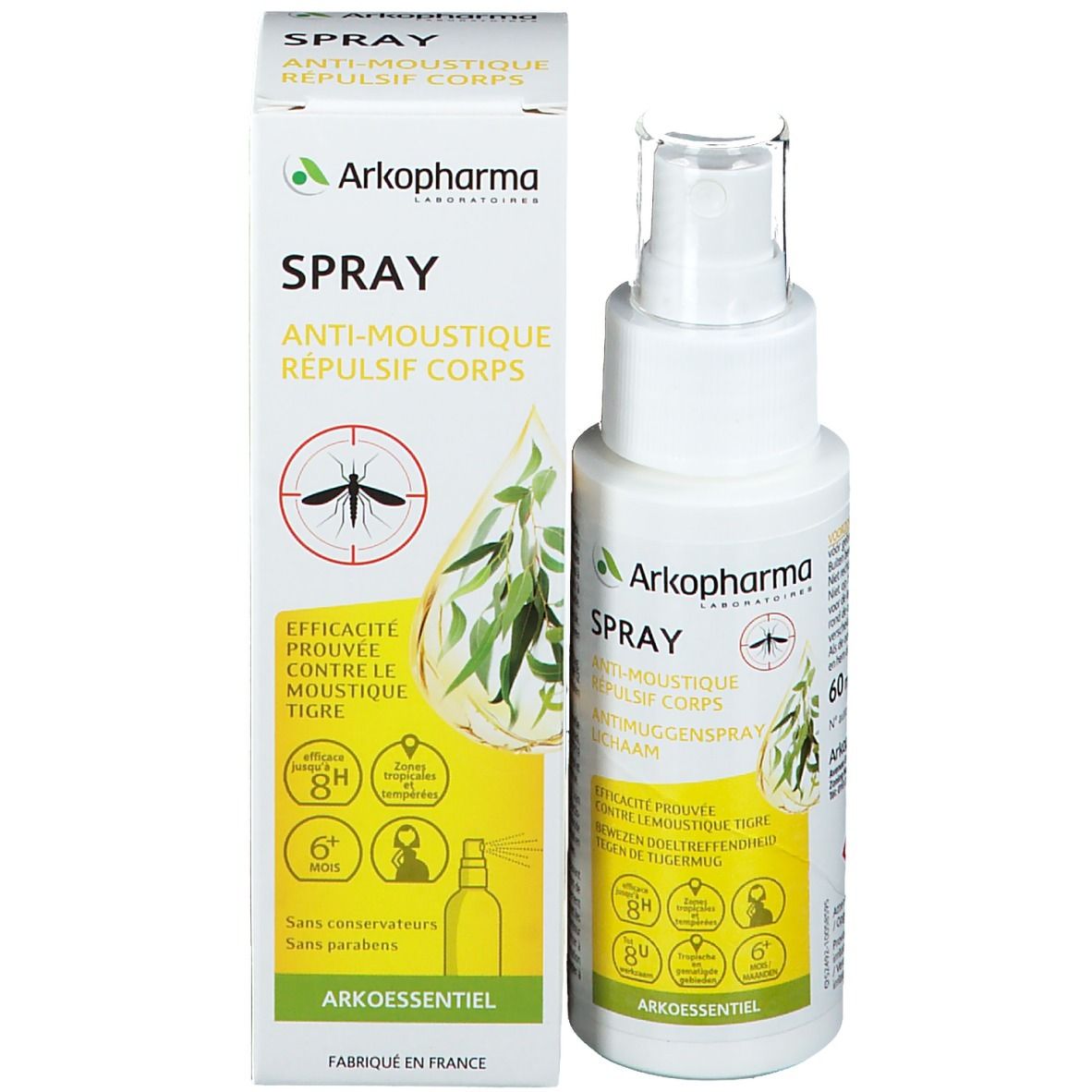 Produkt mit Verpackung. Weiße Sprühflasche und Karton. Text: Arko Essentiel, Spray, Anti-Moustique, Repulse Corps.