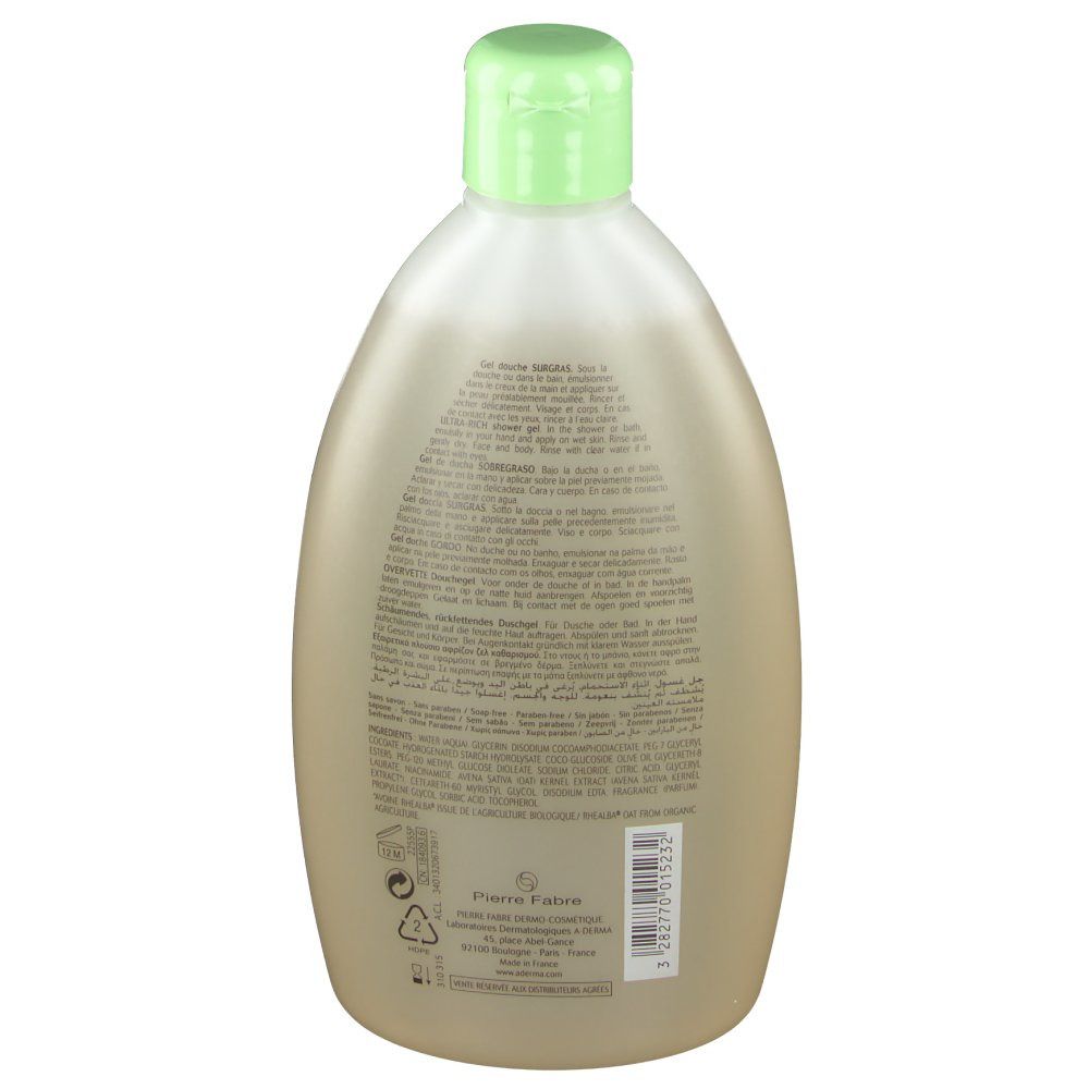 A-Derma Hafermilch Duschgel Überfett. Rückseite der Flasche. Text in mehreren Sprachen. Grüner Deckel.