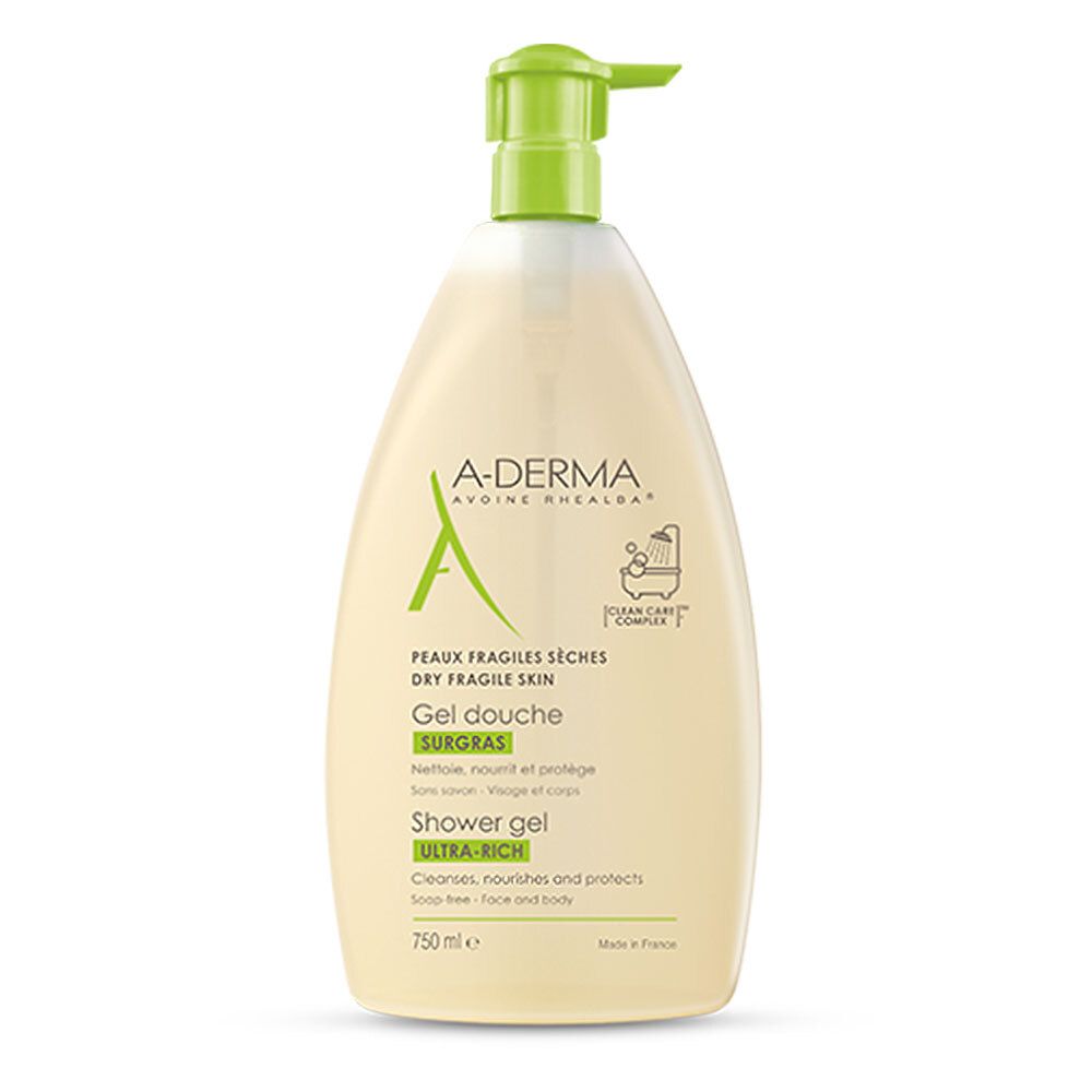 Beige Duschgel-Flasche mit grünem Pumpkopf. Aufschrift: A-DERMA, Gel douche, SURGRAS, Shower gel, ULTRA-RICH. 750 ml.