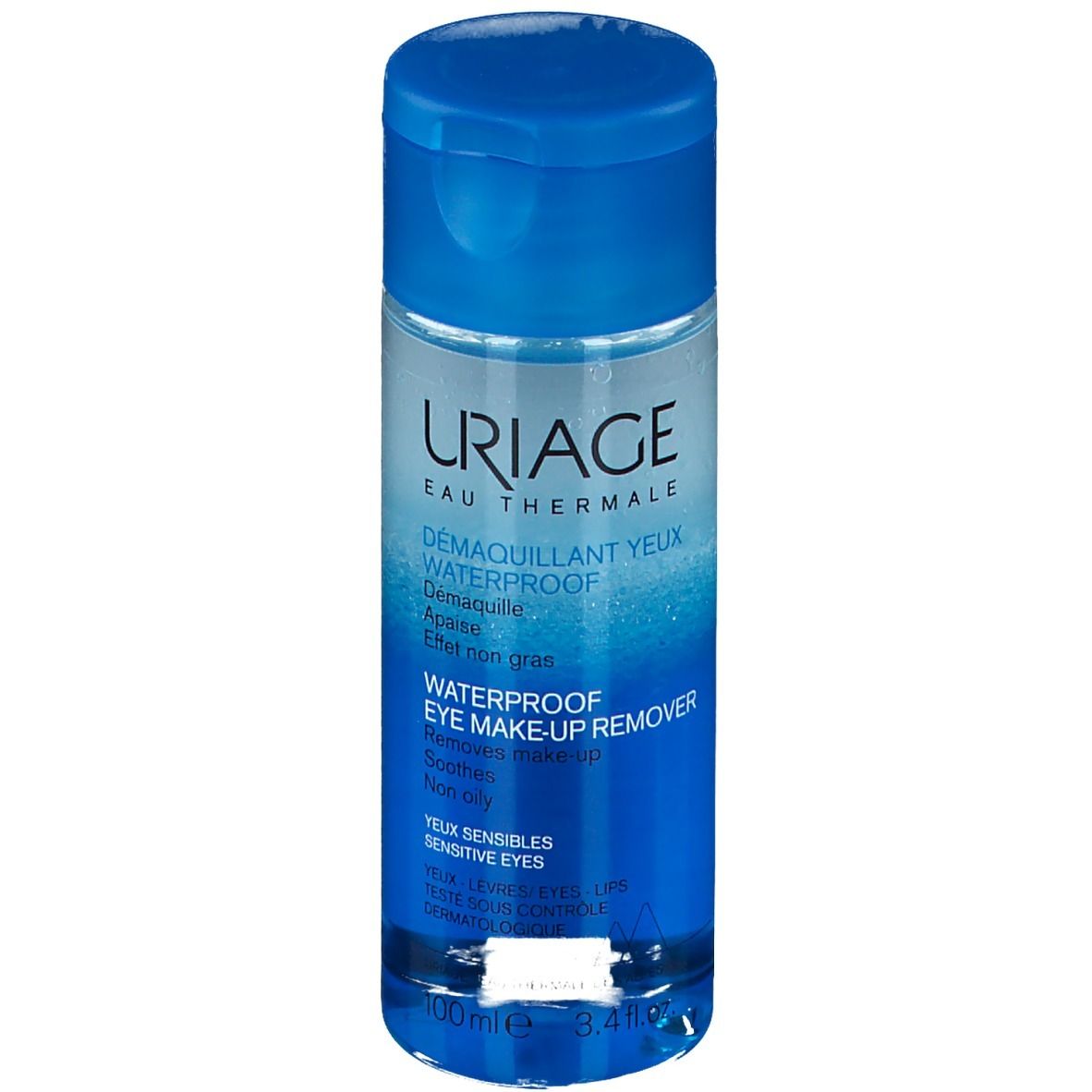 Uriage Augen-Make-up-Entferner. Blaue Flasche mit blauem Deckel. Produktansicht.