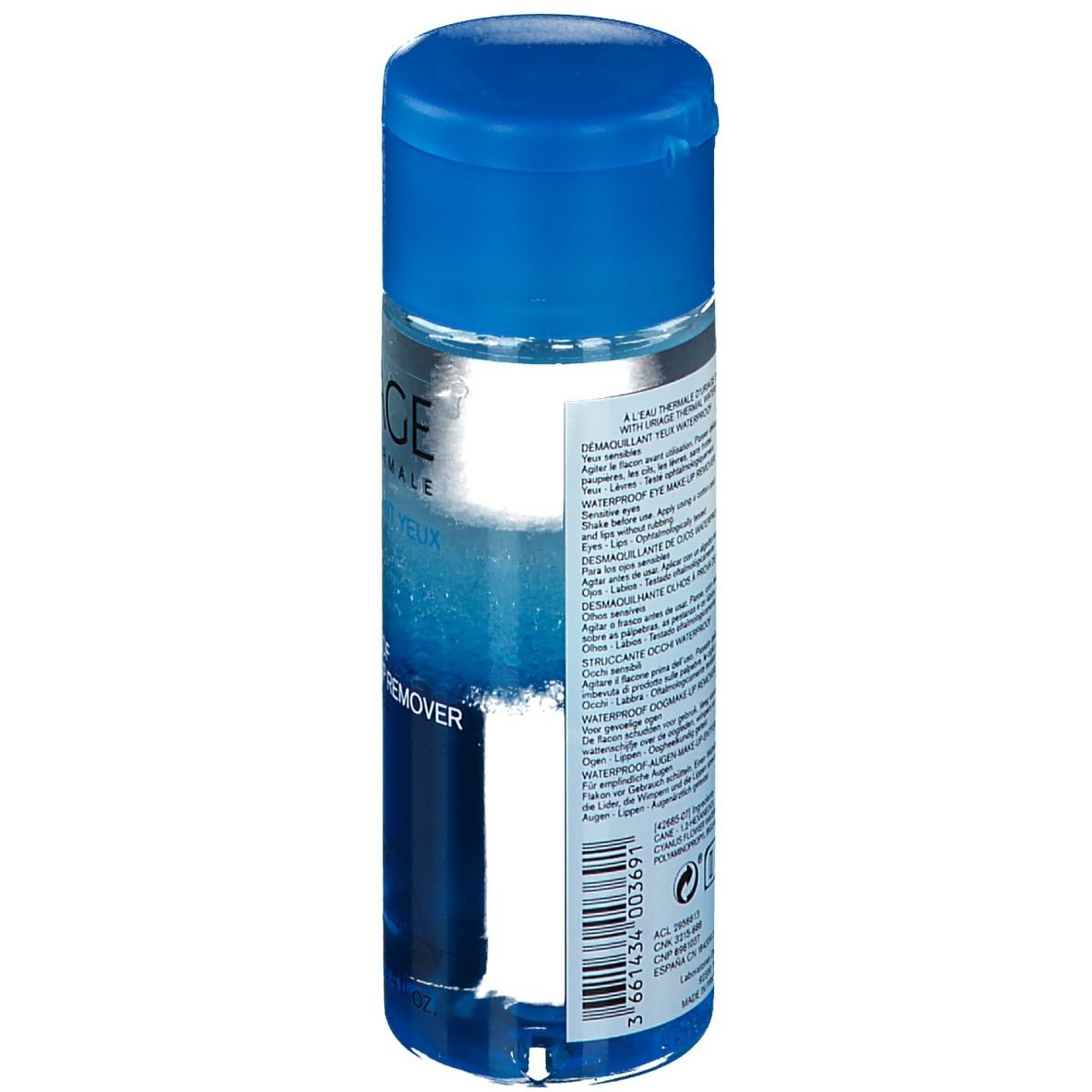 Uriage Augen-Make-up-Entferner. Blaue Flasche mit blauem Deckel. Produktansicht.