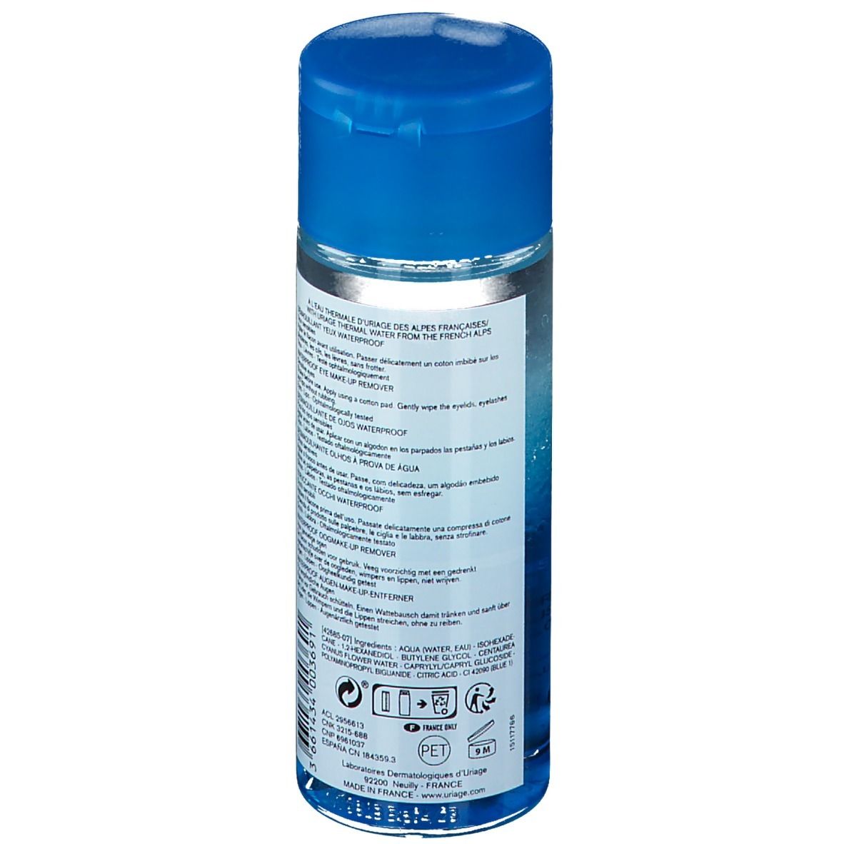 Uriage Augen-Make-up-Entferner. Blaue Flasche mit blauem Deckel. Produktansicht.