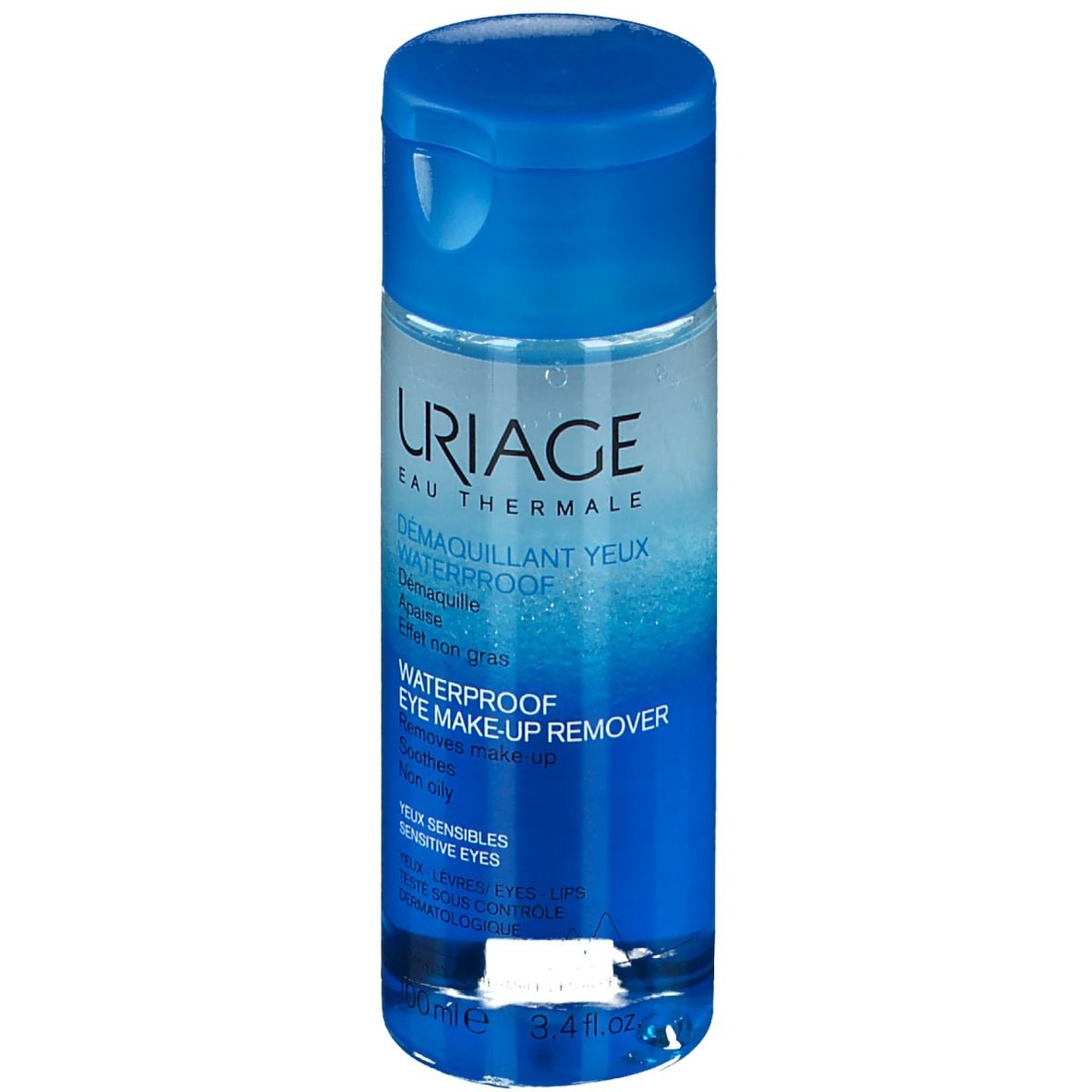 Uriage Augen-Make-up-Entferner. Blaue Flasche mit blauem Deckel. Produktansicht.