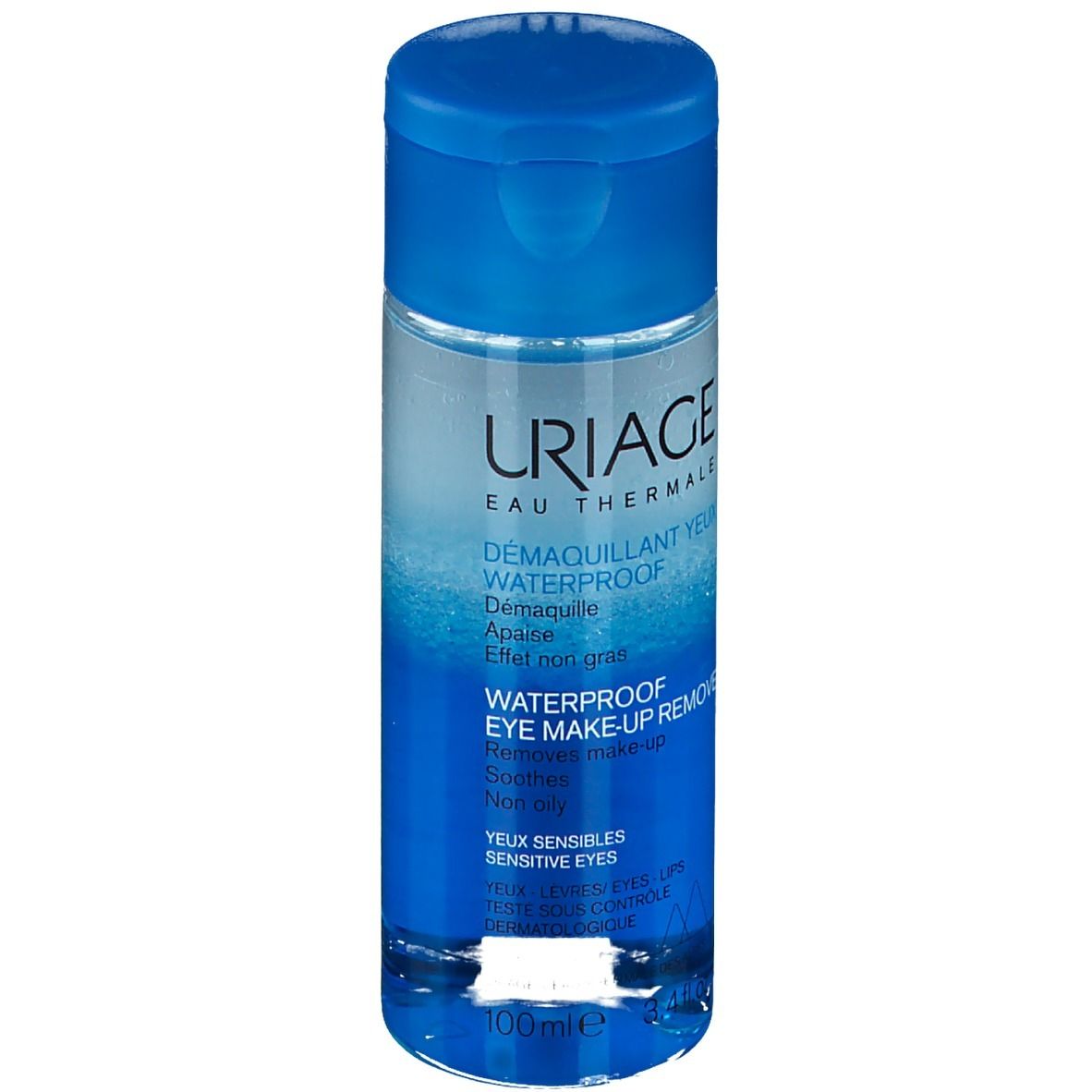 Uriage Augen-Make-up-Entferner. Blaue Flasche mit blauem Deckel. Produktansicht.