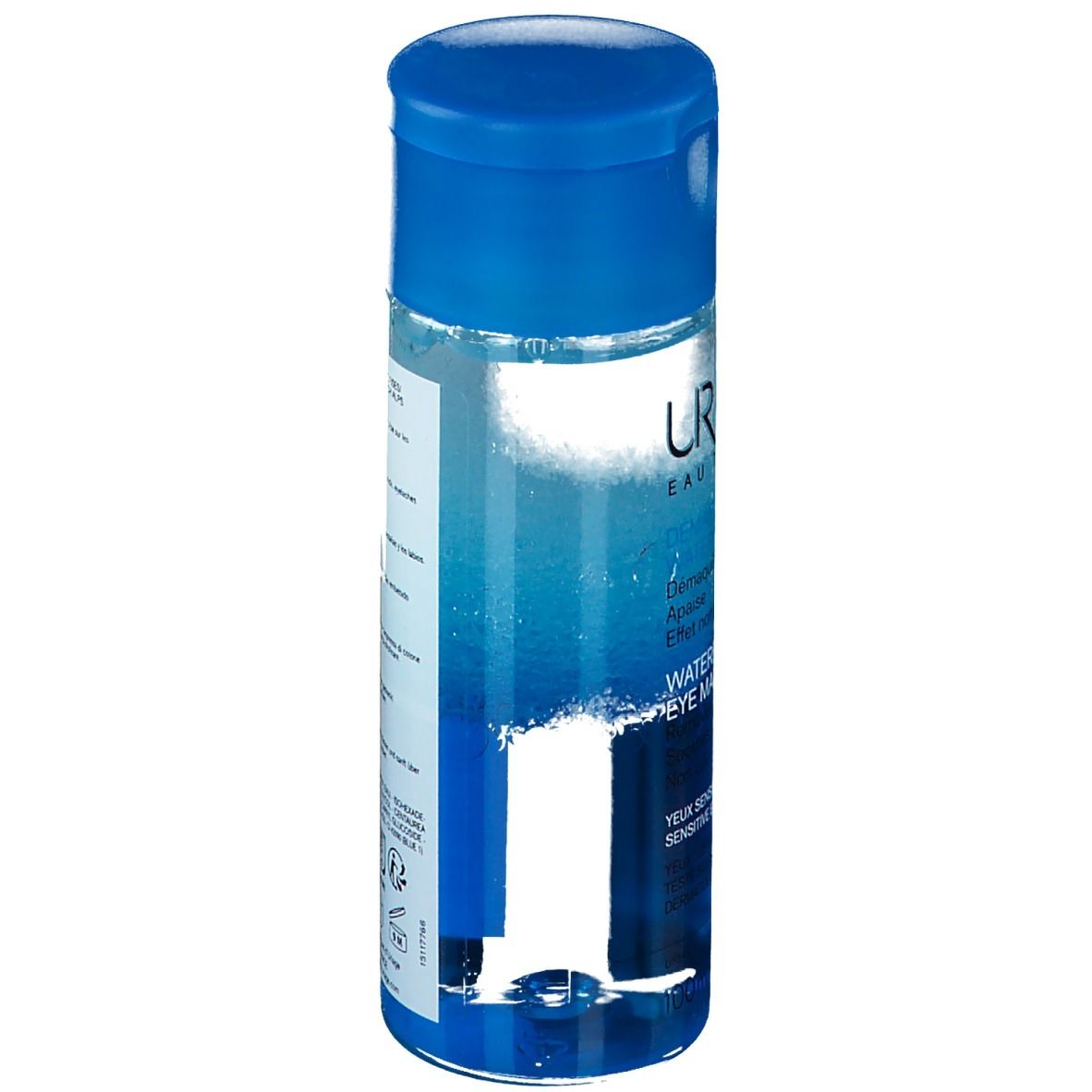 Uriage Augen-Make-up-Entferner. Blaue Flasche mit blauem Deckel. Produktansicht.