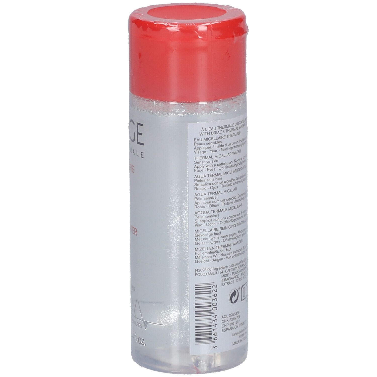 Uriage Eau Micellaire Thermale. Flacon transparent, bouchon rouge. Inscription et texte sur l'étiquette.