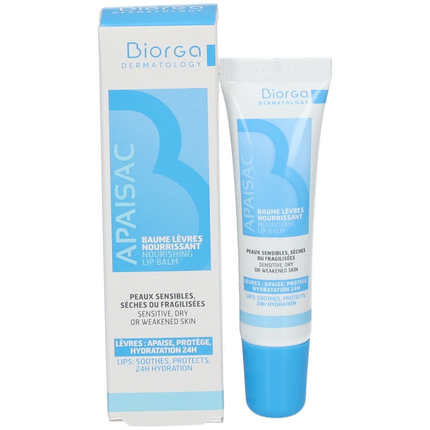 Produktverpackung mit Lippenbalsam-Tube. Verpackung und Tube in Blau und Weiß. Text: APAISAC, BAUME LÈVRES NOURRISSANT. Marke: BIORGA.