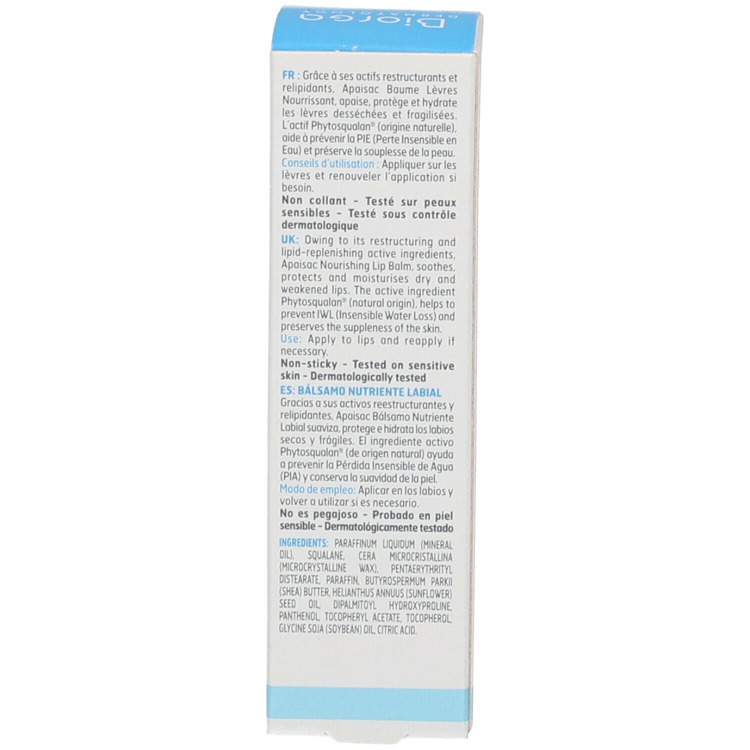Rückseite der Produktverpackung. Text in mehreren Sprachen. Informationen zur Anwendung und Inhaltsstoffen. Marke: BIORGA.