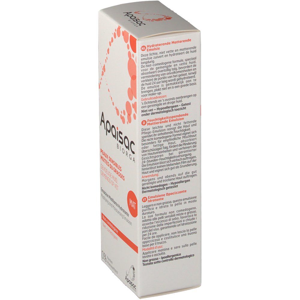Weißer Karton, Produktname Apaisac Biorga. Text: Peaux sensibles mixtes du grasses, Emulsion Matifiante Hydratante. Orangefarbene Punkte.