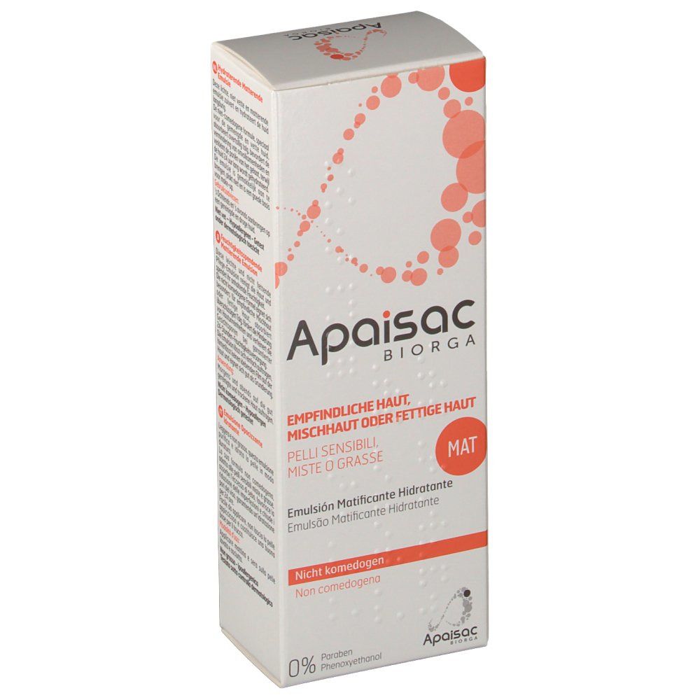 Weißer Karton, Produktname Apaisac Biorga. Text: Empfindliche Haut, Mischhaut oder fettige Haut, Emulsion Matifiante Hydratante. Orangefarbene Punkte.