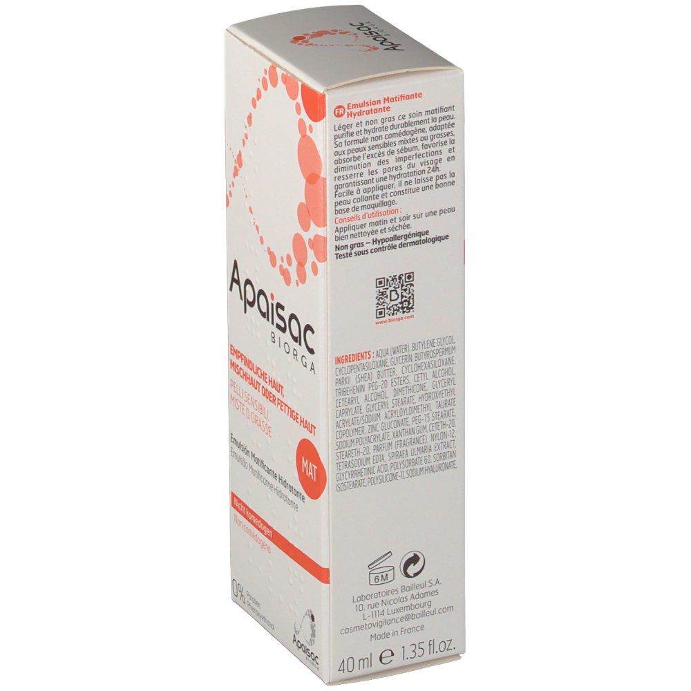 Weißer Karton, Produktname Apaisac Biorga. Text: Empfindliche Haut, Mischhaut oder fettige Haut, Emulsion Matifiante Hydratante. Orangefarbene Punkte.