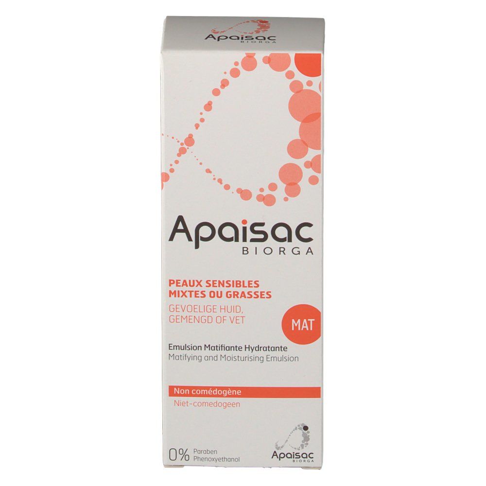 Weißer Karton mit Produktnamen Apaisac Biorga. Text: Peaux sensibles mixtes ou grasses, Emulsion Matifiante Hydratante. Orangefarbene Punkte.