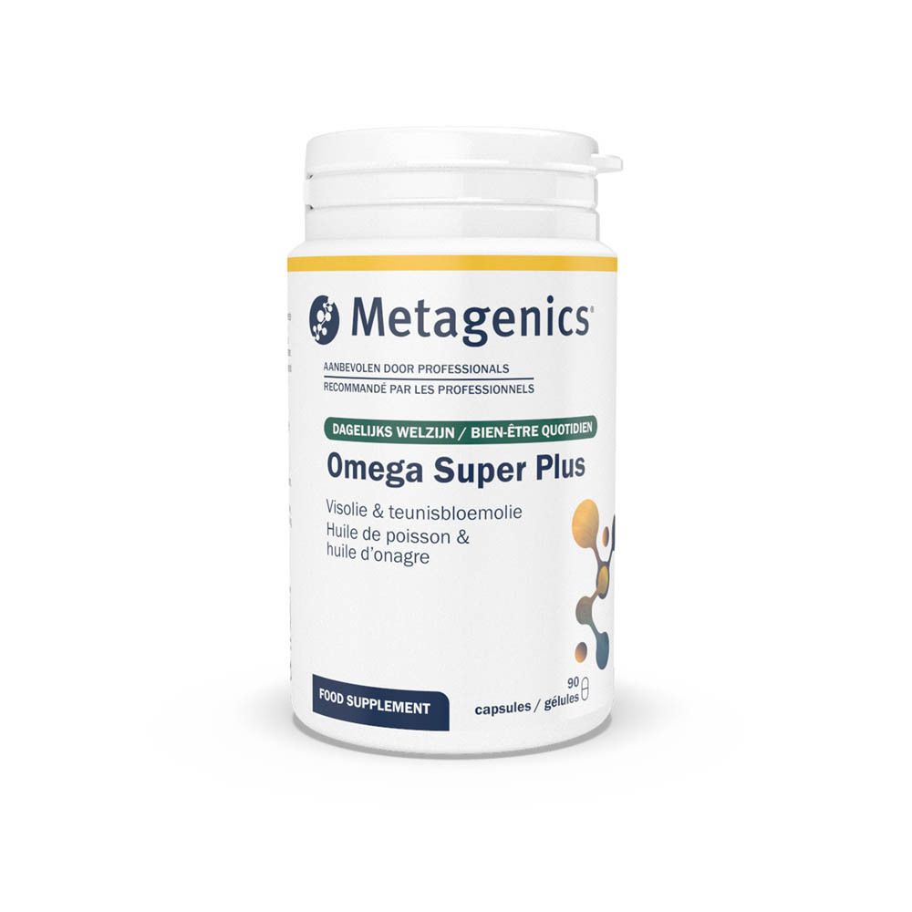Weiße Dose mit Omega Super Plus Kapseln. Metagenics-Logo. Aufschrift: Omega 3 & Omega 6, 90 Kapseln.