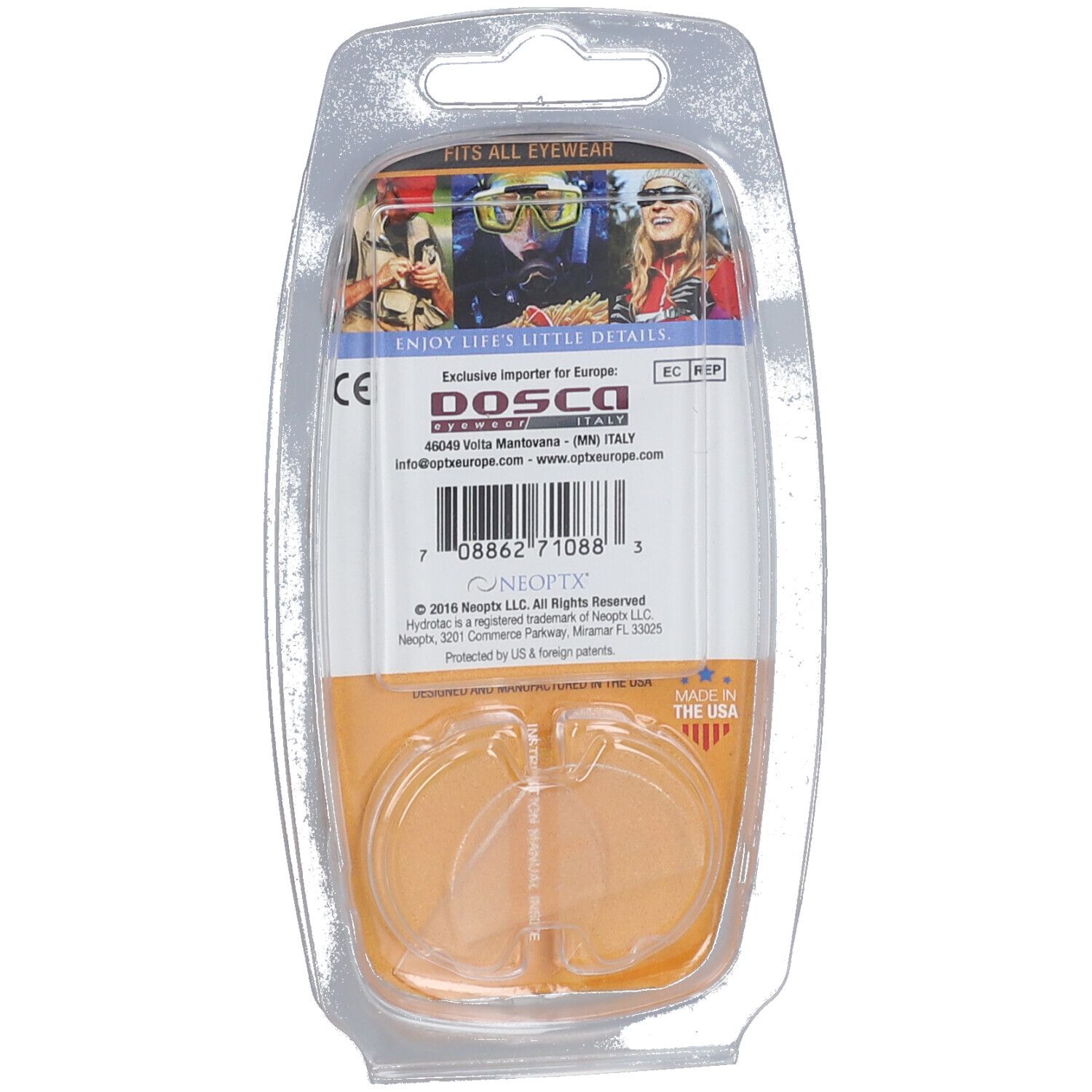 Dos de l'emballage Hydrotac. Contient des informations et le marquage CE. Fabriqué aux États-Unis.