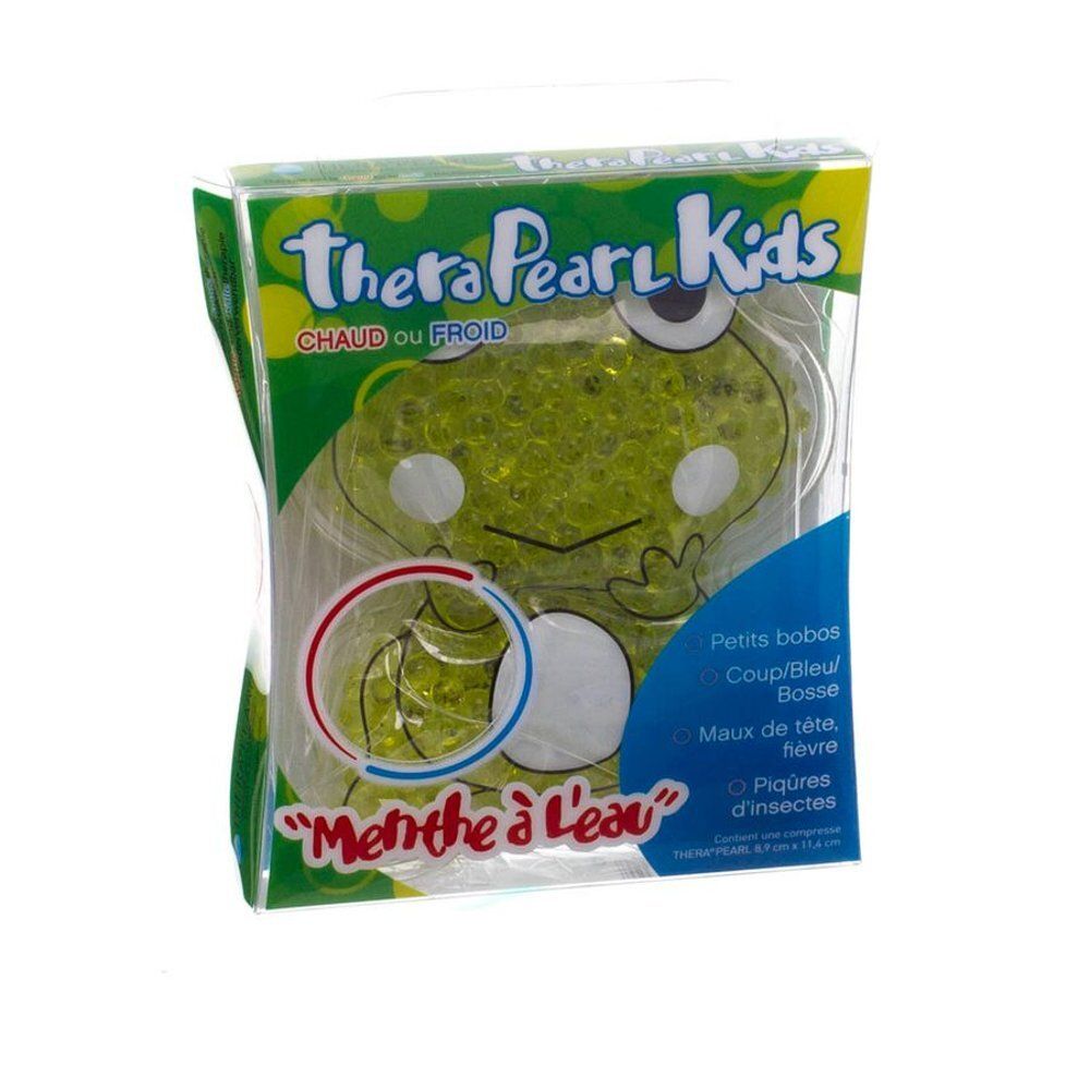 Compresse TheraPearl Kids, verte en forme de grenouille, remplie de billes. Emballage transparent. Inscriptions visibles.