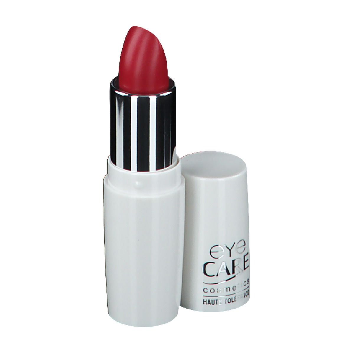 Rouge à lèvres rouge dans un étui blanc. Le capuchon est retiré. "Eye Care" est inscrit sur le rouge à lèvres.