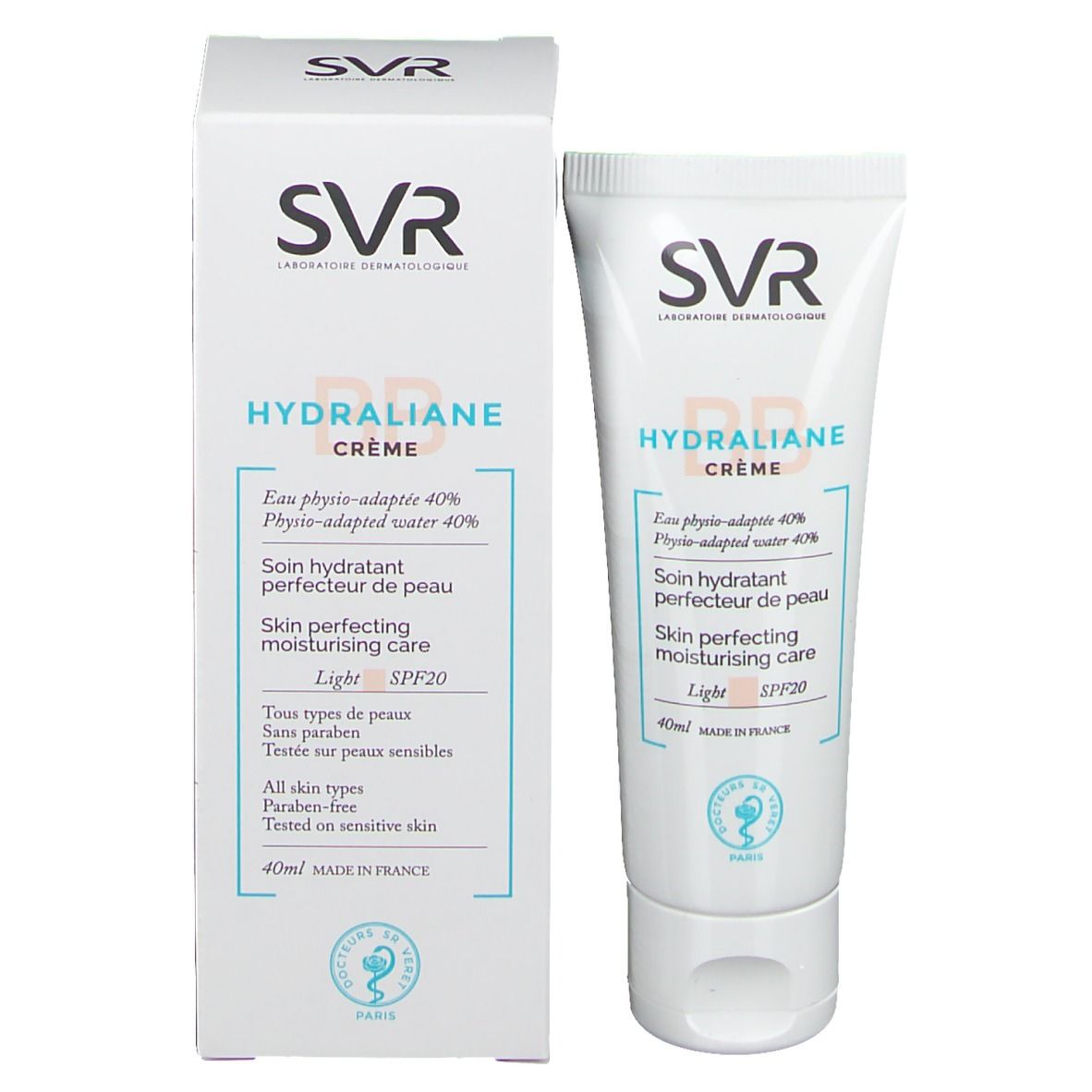 Produktverpackung mit Tube und Karton. SVR HYDRALIANE CRÈME, SPF20, 40ml. Französische Beschriftung.