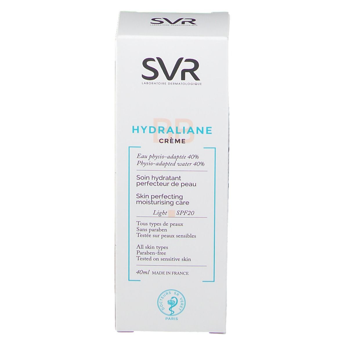 Weiße Produktverpackung mit SVR-Logo und HYDRALIANE CRÈME. Enthält SPF20 und 40ml. Französische Beschriftung.