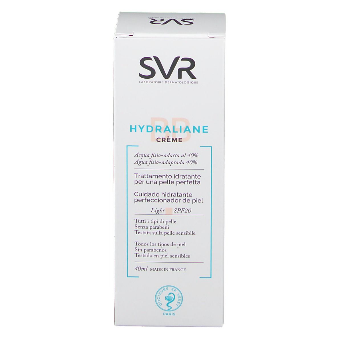 Produktverpackung, Vorderseite. SVR HYDRALIANE CRÈME, SPF20, 40ml. Italienische Beschriftung.