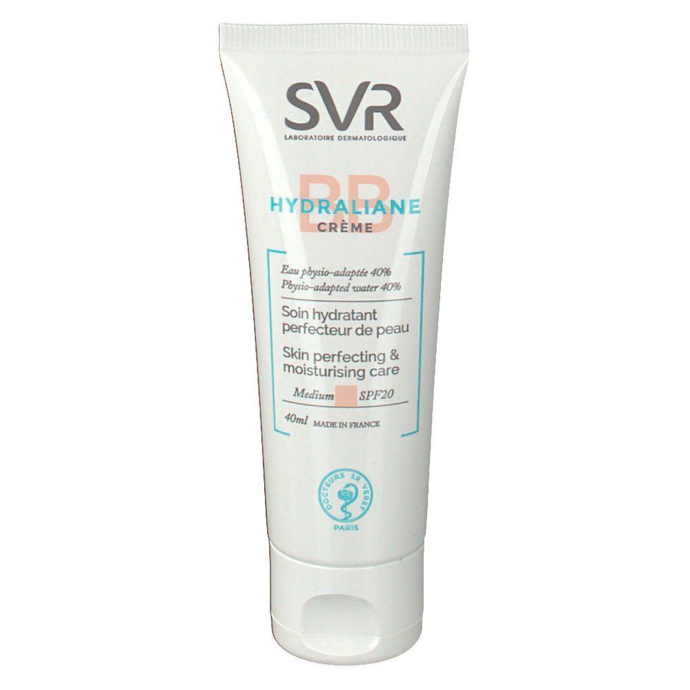 Tube mit SVR HYDRALIANE BB Creme SPF20 Mittel. Weißes Tube mit blauer und rosa Schrift. Enthält 40ml.