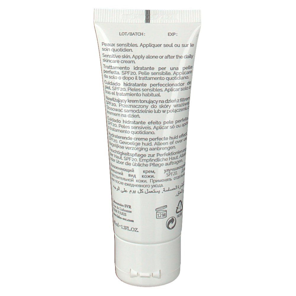 Rückseite des Tubes SVR HYDRALIANE BB Creme SPF20 Mittel. Weißes Tube mit Text. Enthält 40ml.