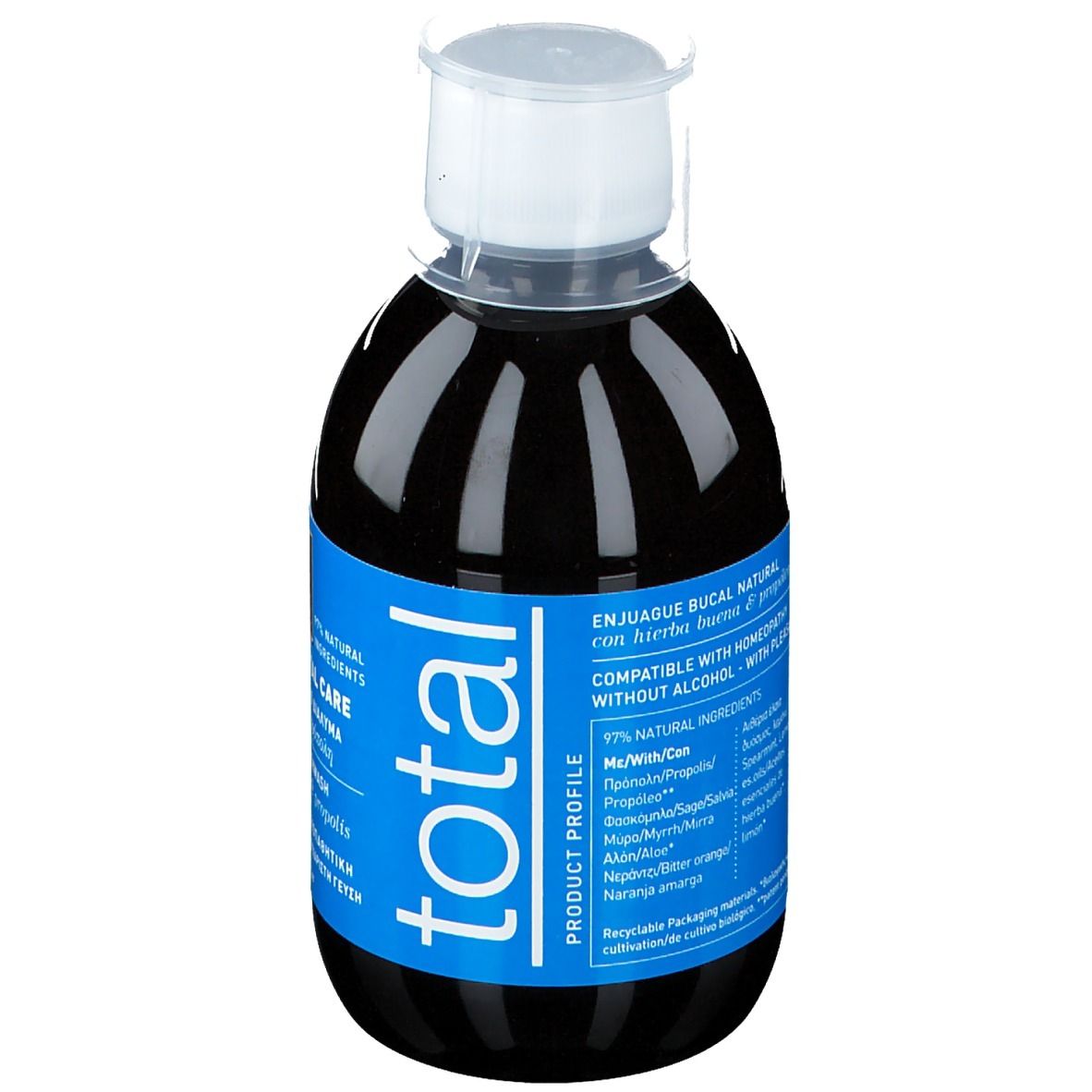Dunkle Flüssigkeit in einer Flasche mit blauem Etikett. Aufschrift: Mundwasser mit Kräutern, ohne Alkohol, mit homöopathischer Verträglichkeit.