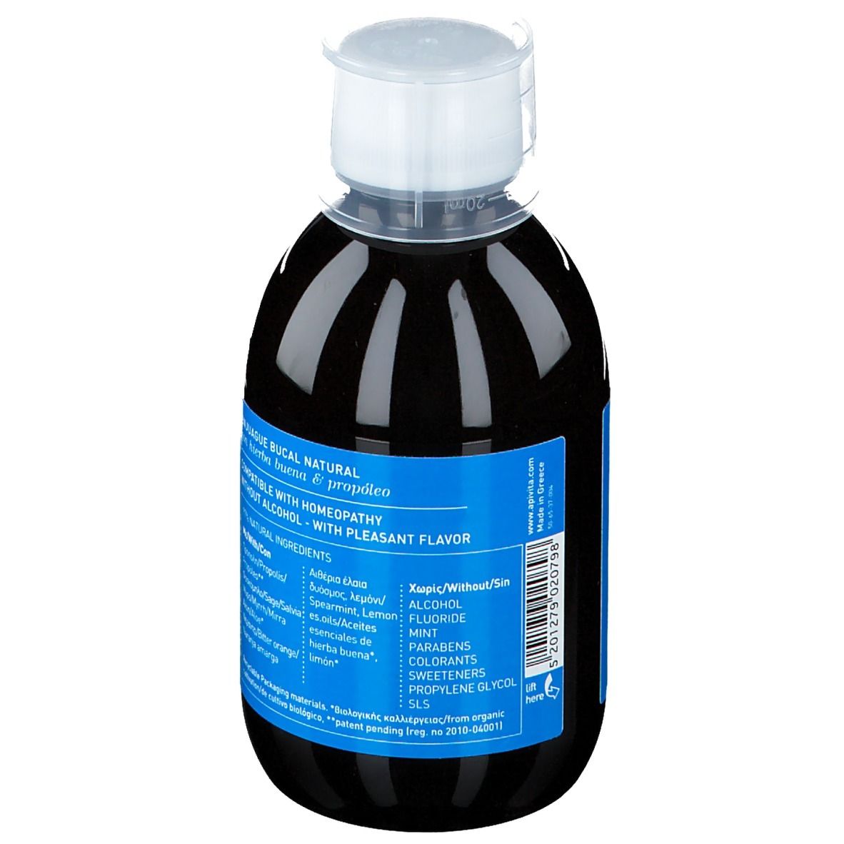 Rückansicht einer Flasche mit dunkler Flüssigkeit und blauem Etikett. Aufschrift: Inhaltsstoffe, ohne Alkohol, mit angenehmem Geschmack.