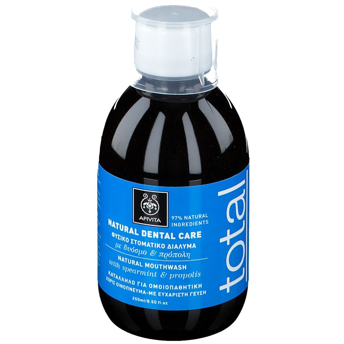 Dunkle Flüssigkeit in einer Flasche mit blauem Etikett. Aufschrift: Natural Dental Care, Mundwasser mit Minze und Propolis, 97% natürliche Inhaltsstoffe.