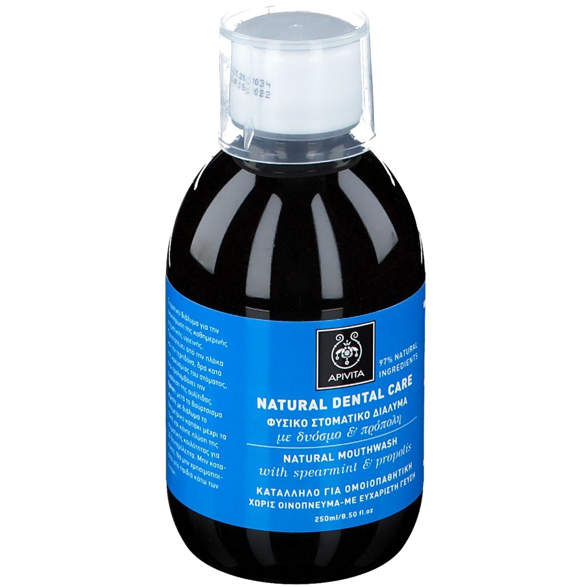 Dunkle Flüssigkeit in einer Flasche mit blauem Etikett. Aufschrift: Natural Dental Care, Mundwasser mit Minze und Propolis, 97% natürliche Inhaltsstoffe.