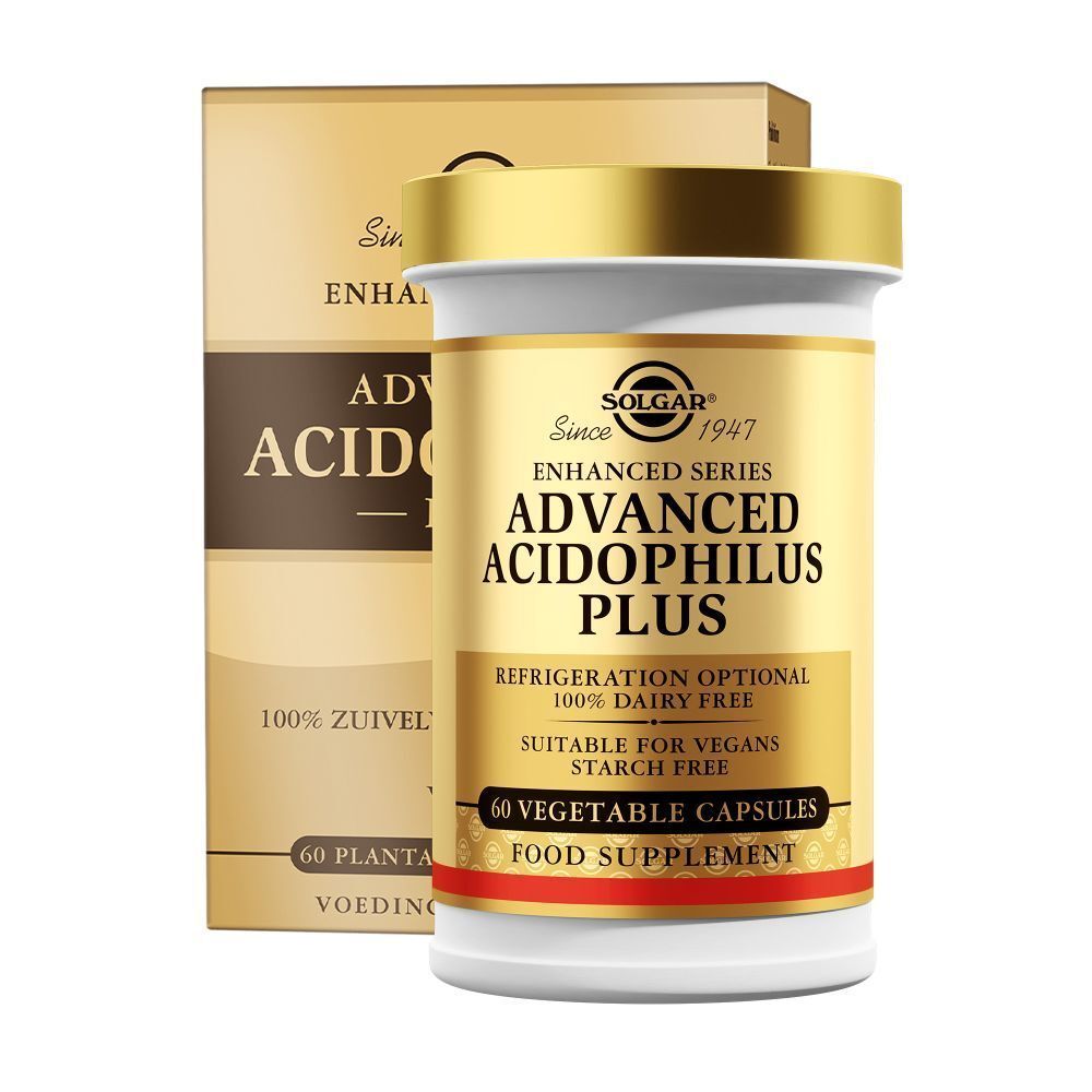 Pot et boîte Solgar® Advanced Acidophilus Plus. Inscription: Enhanced Series, 60 gélules, végétalien.