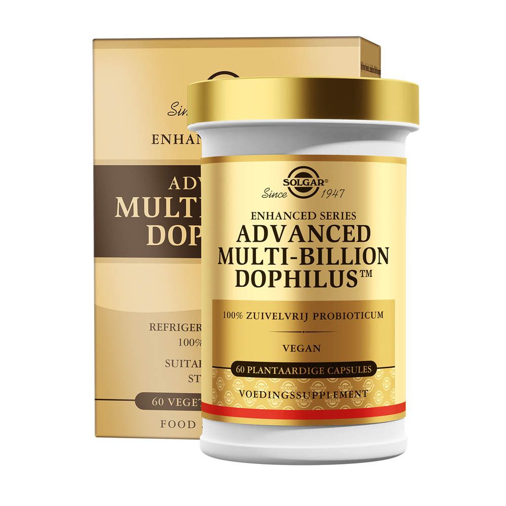 Boîte et flacon Solgar® Advanced Multi-Billion Dophilus™. Bouchon et étiquette dorés. 60 gélules.