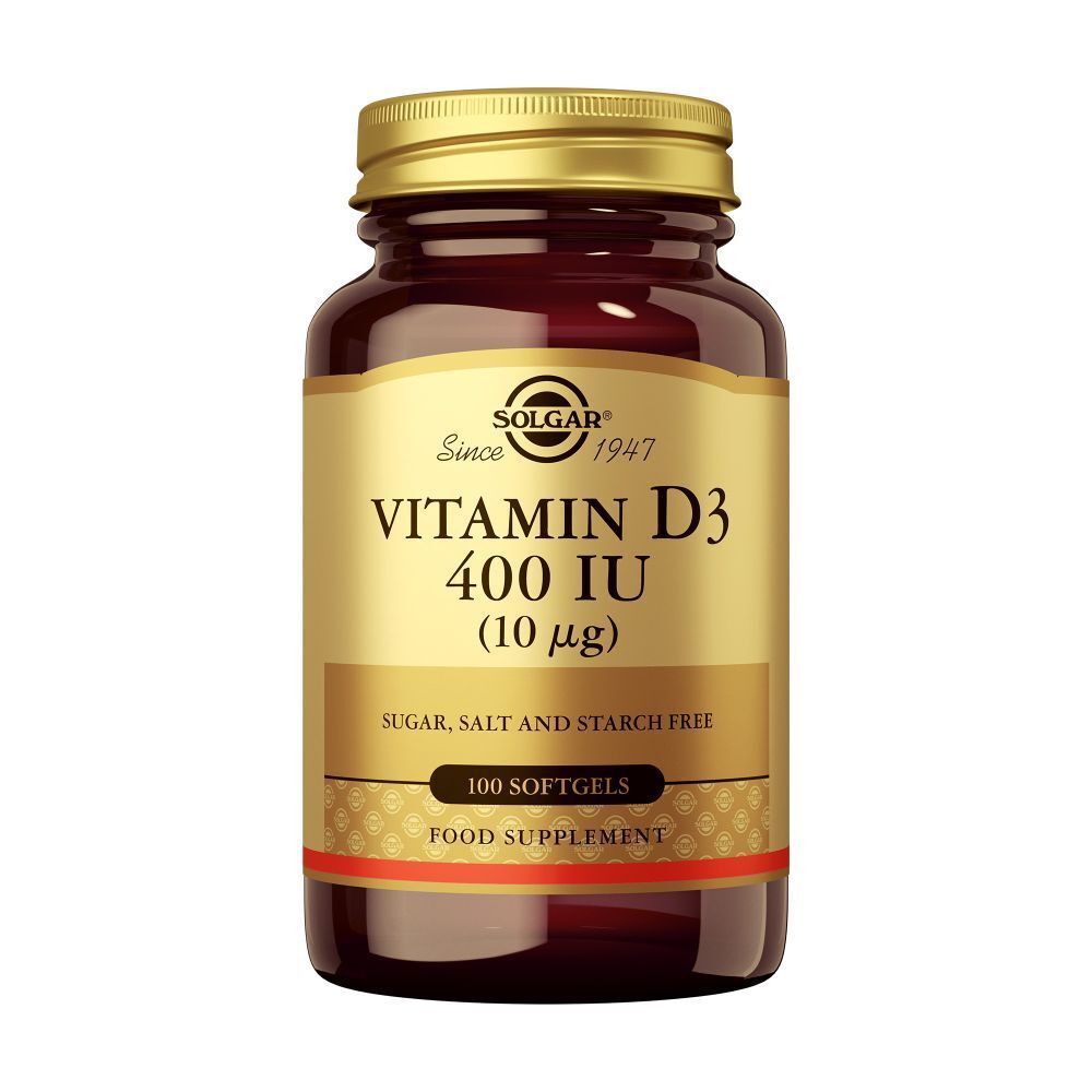 Flacon brun avec bouchon doré. Étiquette avec "Vitamine D3 400 UI" et "100 Softgels".