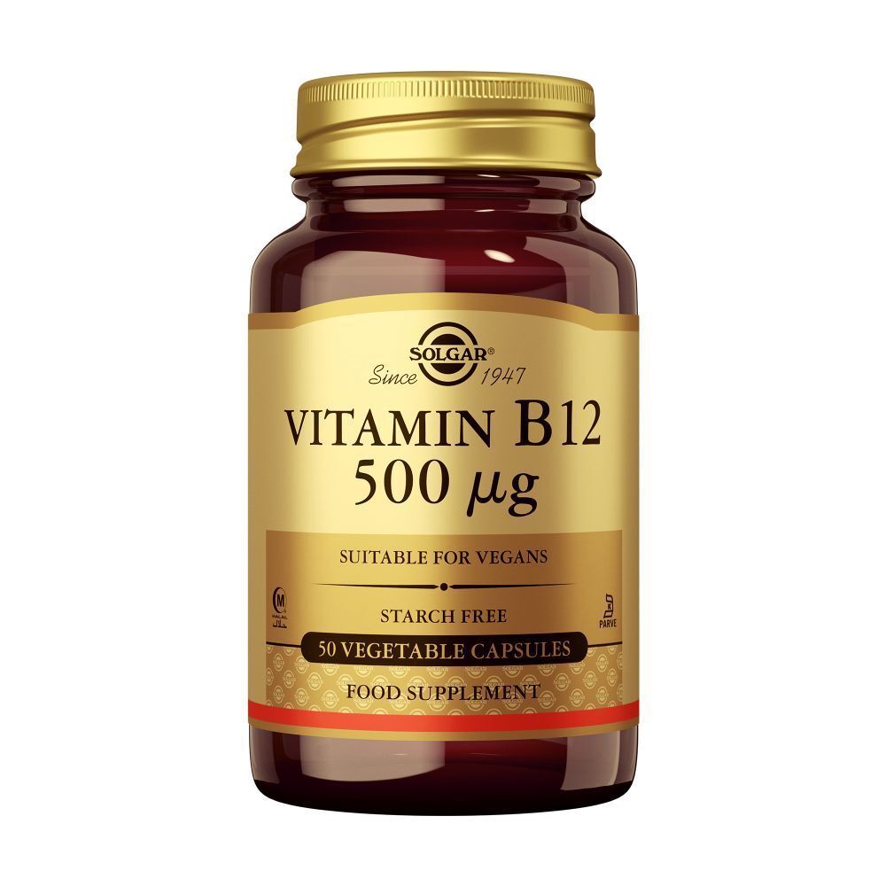 Flacon de Vitamine B12. Texte: 500 µg. Convient aux végétaliens. 50 gélules végétales.