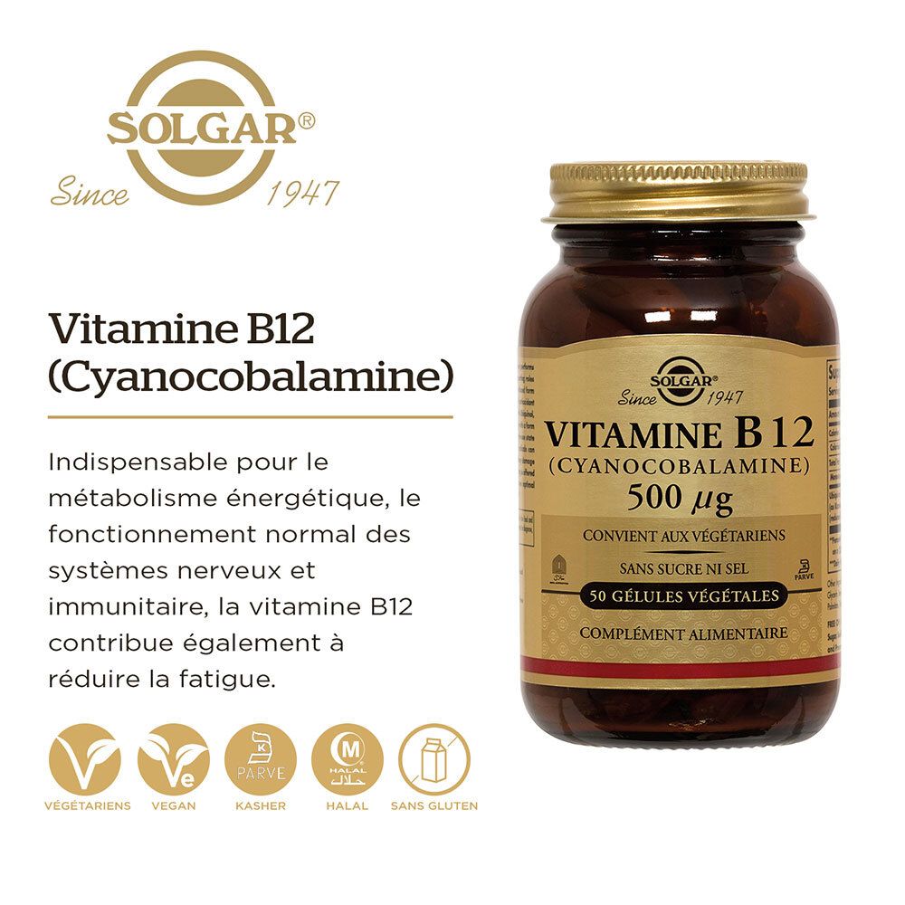 Flacon de Vitamine B12. Texte: Vitamine B12 500 µg. Convient aux végétaliens. Logos.