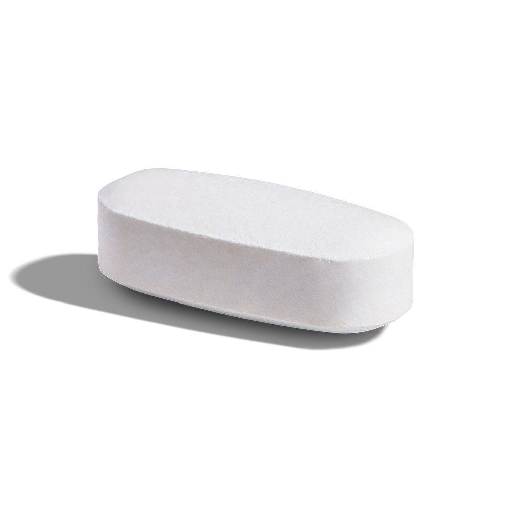 Eine einzelne, weiße, ovale Tablette. Liegt auf einer Oberfläche mit Schatten.