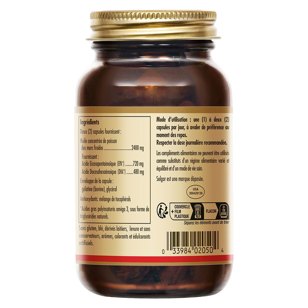 Dos du flacon avec texte. Contient ingrédients, dosage et avertissements. Avec symbole de recyclage.