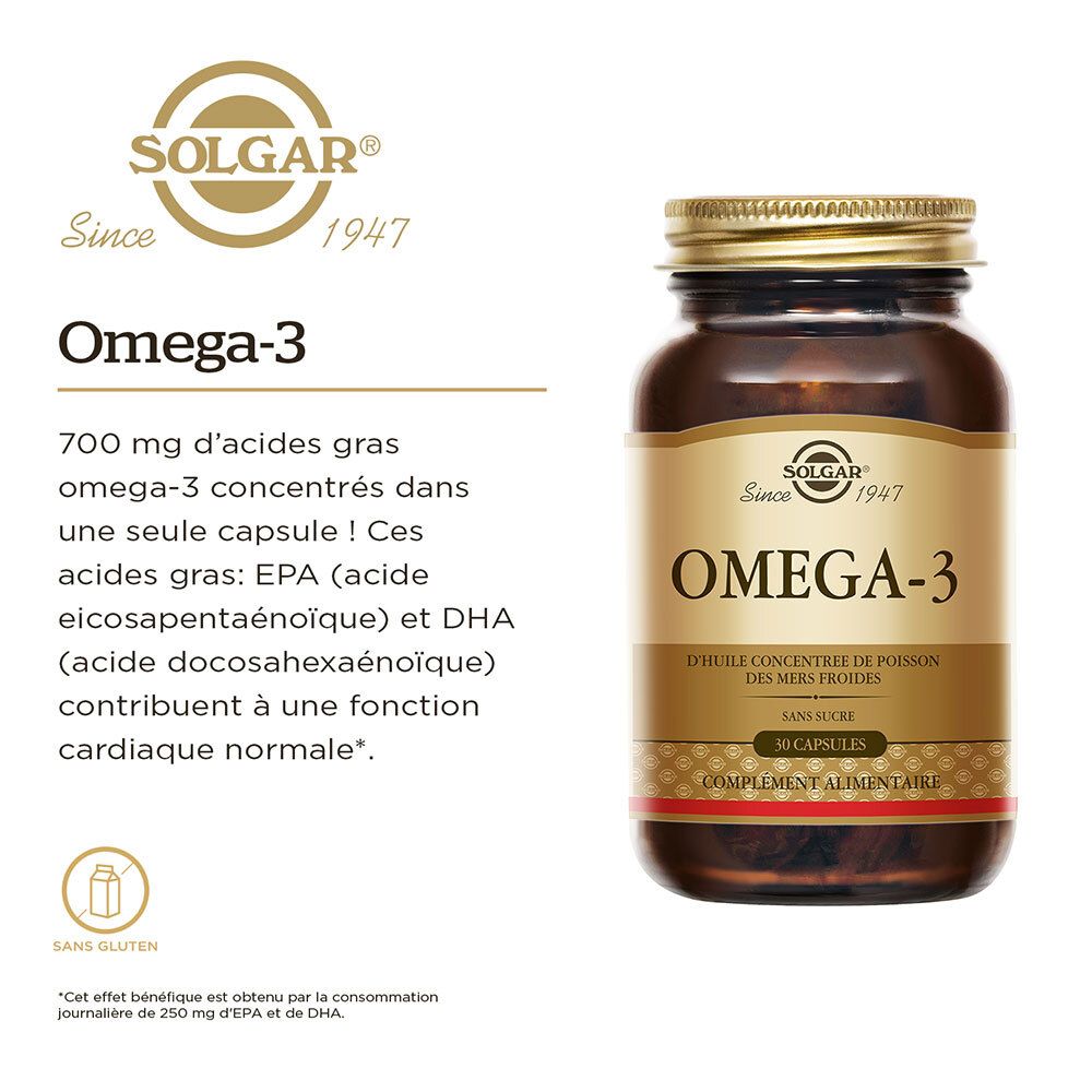 Flacon SOLGAR Omega-3. Texte : 700 mg d'acides gras oméga-3. Sans gluten. Sur fond blanc.