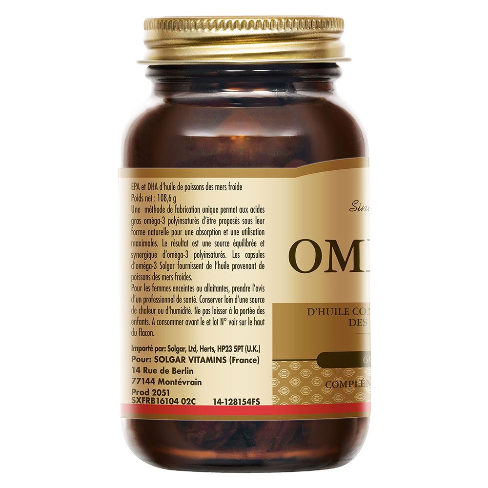 Dos du flacon avec informations. Texte en français. Marque Solgar. 60 capsules.