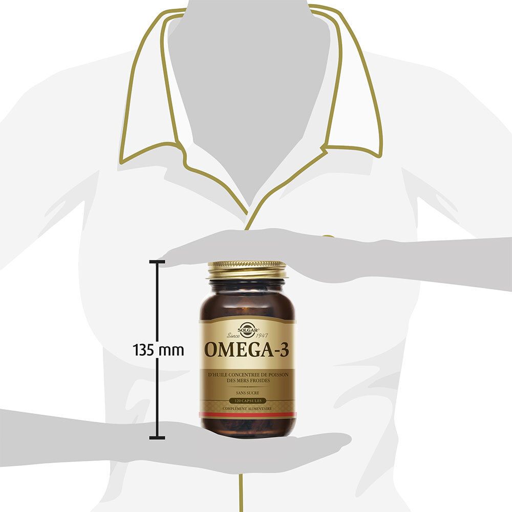 Person hält die Flasche. Auf der Flasche steht Omega-3. 135 mm Messung.