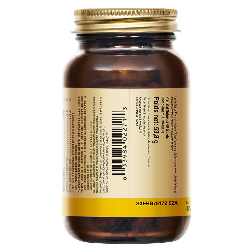 Dos d'un flacon en verre brun avec couvercle doré. Étiquette avec informations. Inscription: Solgar Prenatal Nutrients.