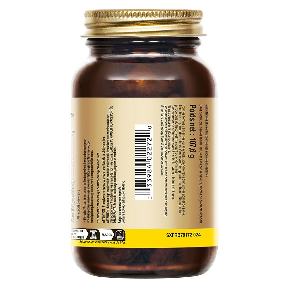 Rückseite einer braunen Glasflasche mit goldfarbenem Deckel. Etikett mit Informationen und Barcode.