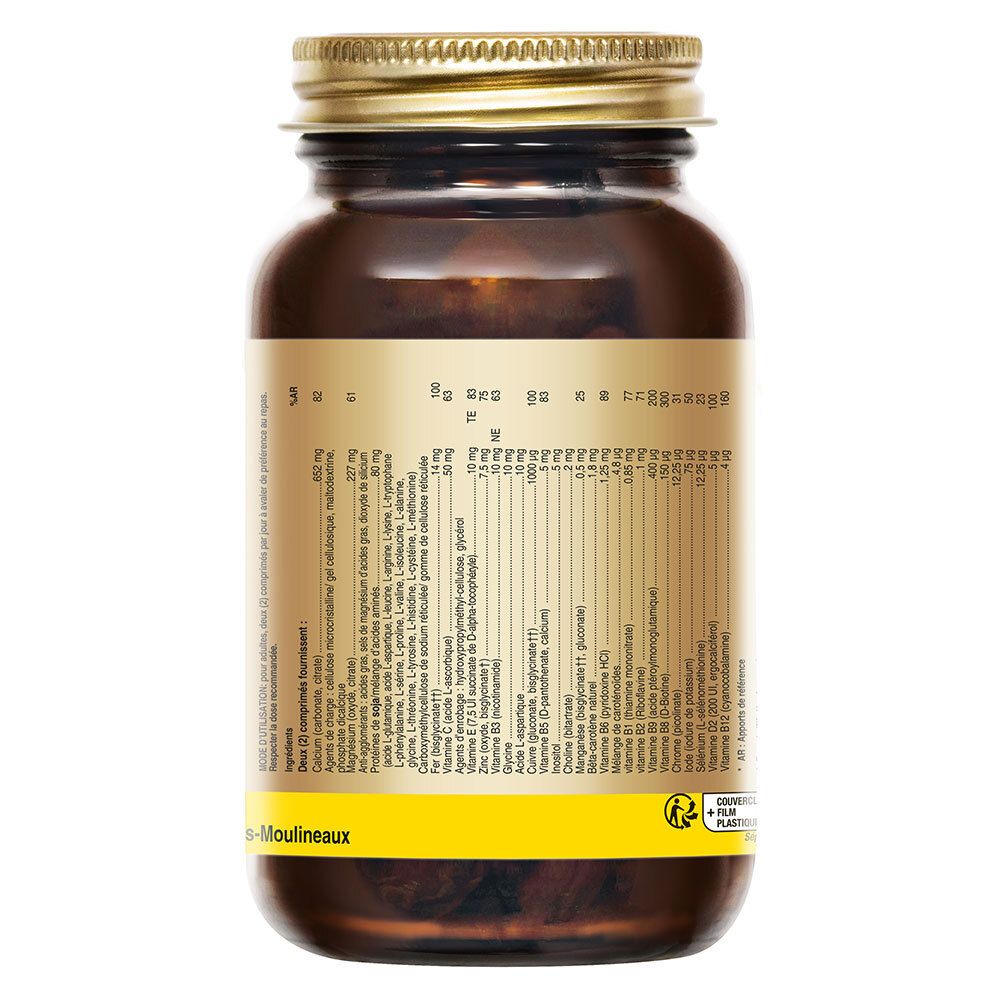 Rückseite einer braunen Glasflasche mit goldfarbenem Deckel. Etikett mit Nährwertangaben und Inhaltsstoffen.