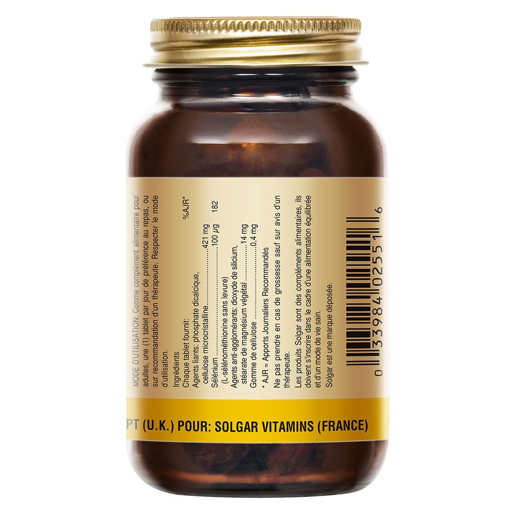 Rückseite der Flasche. Etikett mit Nährwertangaben und Verzehrempfehlung. Hersteller: Solgar Vitamins (France).