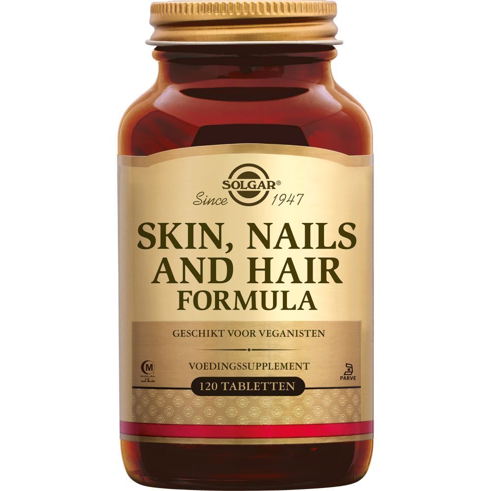 Flacon en verre brun avec comprimés. Inscription: Solgar Skin, Nails and Hair Formula, 120 comprimés, végétalien.